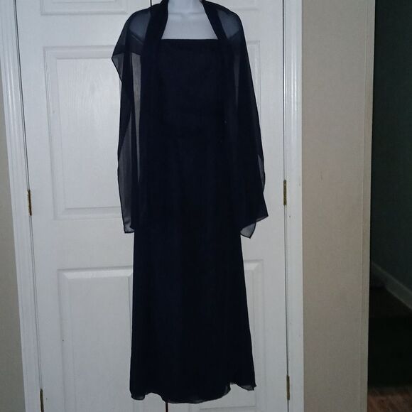 Jodan navy blue side gather beaded sleeveless formal gown with shawl  Sz 2 - Picture 1 of 12